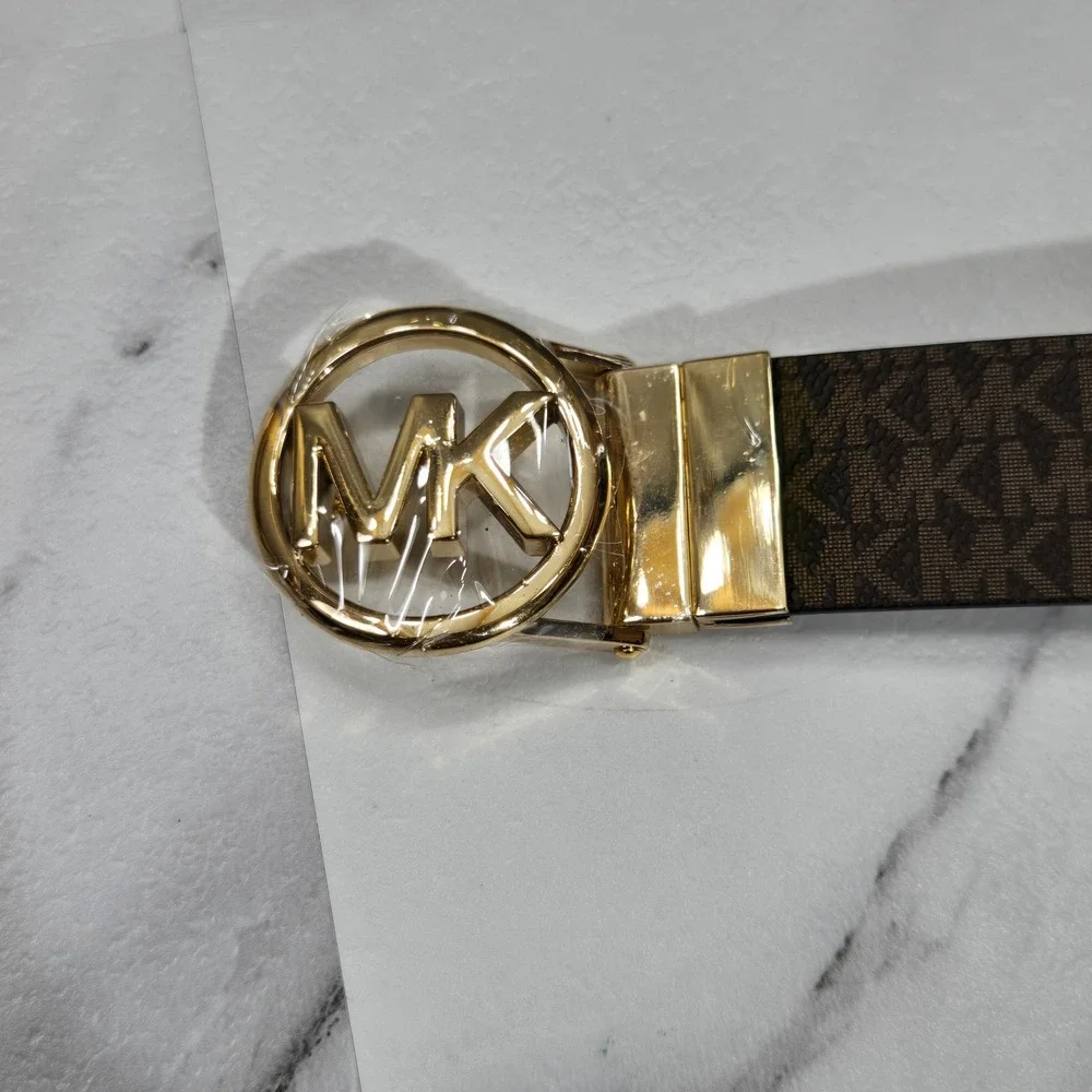 Michael Kors Reversible Twist Belt MK Logo Brown Black Gold XL 551342